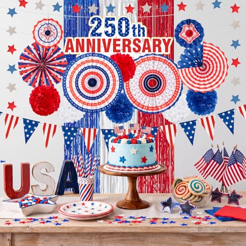 Image of 17 Pcs 4th of July Patriotic Decorations Set | 250th Anniversary, Paper Fans Pom Poms Banner Foil Curtain, Independence Day Memorial Day Party Decor
