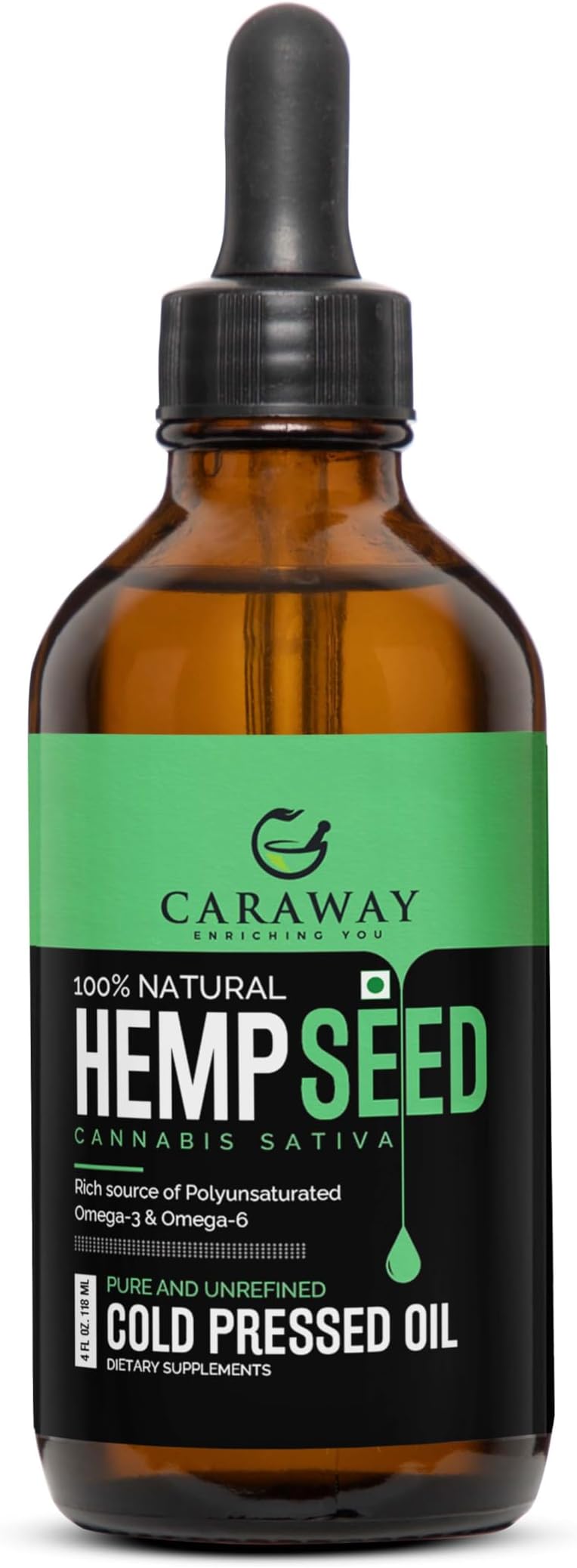 CARAWAY® Hemp Seed Oil Cold Pressed | Extracted Using Hemp Hearts Seeds - Omega 3 & Omega 6 in Gold Ratio | Meets all FSSAI standards | For Oral and Topical Use | Glass Bottle - 100 ml
