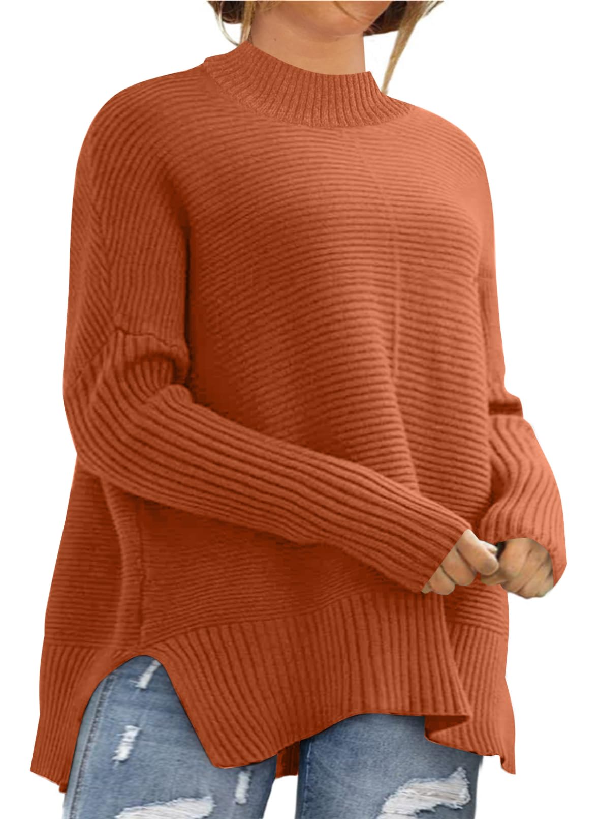 Eytino Womens Plus Size Sweaters Long Sleeve Crew Neck Split Hem Casual Oversized Ribbed Knit Tunic Pullover Tops(1X-5X)