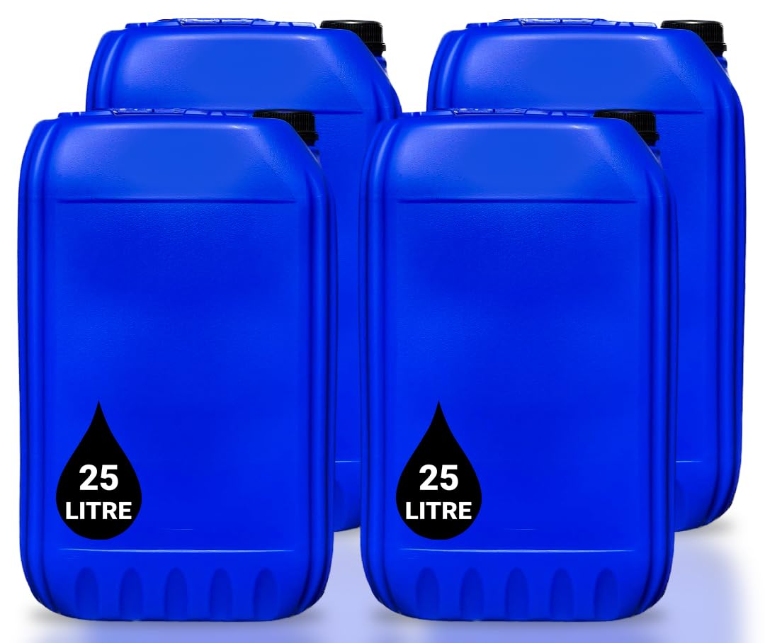 25L JERRY CAN | UN Approved Stackable Bottle Container + Tamper Evident Cap | Perfect for Storage of Potable Water Liquids Waste | Food Grade (Blue, 4)