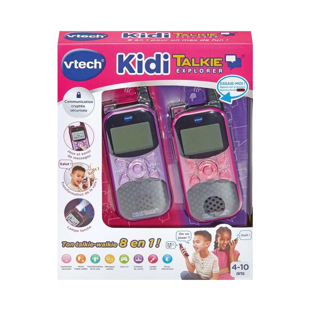 VTech - Kidi Talkie Explorer Violet et Rose, Talkies-Walkies Enfants avec Lampe Torche, Communication Cryptée Sécurisée, Portée de 200 Mètres, Cadeau Enfant Dès 4 Ans - Contenu en Français