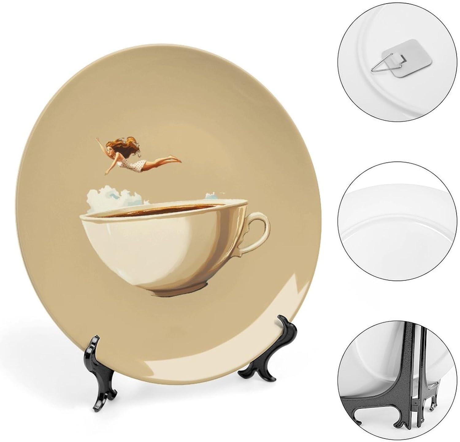 Coffee Pinup Bone China Decorative Plate with Stand Home Dessert Plates Gift for Men Women 7inch