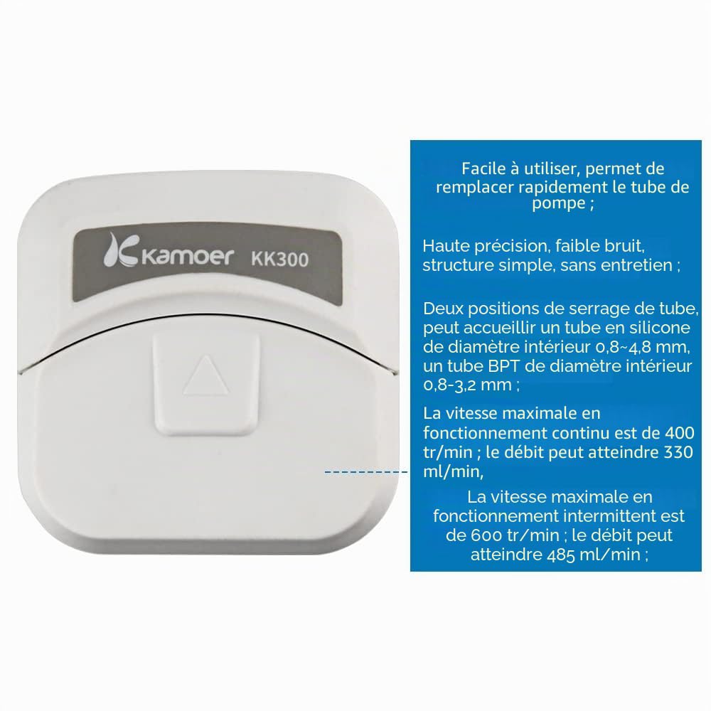 Kamoer KK300Pompe péristaltique à haut débit avec moteur pas à pas 24V | Pompe doseuse de liquide à changement de tube rapide Contrôle PWM 1 ~ 485 ml/min, 600 tr/min, 6 types de tubes pris en charge