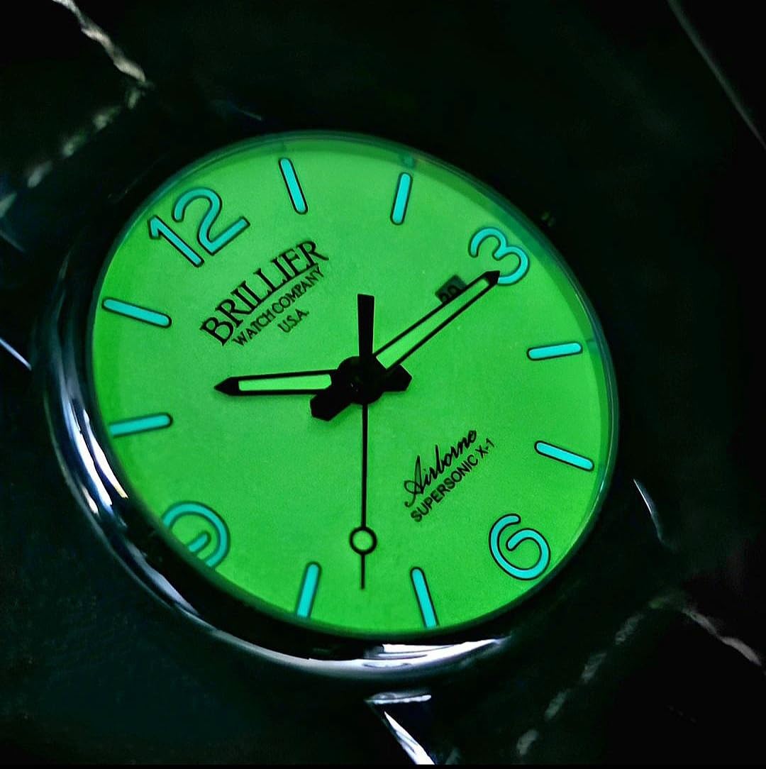 Brillier Men's 42 mm Automatic Dress Watch, Airborne X1, 660 ft WR, Easy to Read White DIAL(Green Glow in Dark), Blue Leather Strap ARBN42GR3