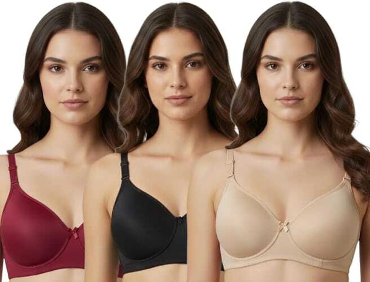 Women’s Nylon Lycra Padded Non-Wired Full Coverage Everyday Bra | Soft, Comfortable & Supportive | Seamless Regular Wear Bra (Pack of 3)