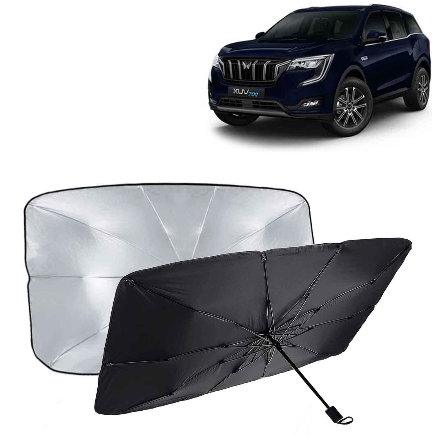 KINGSWAY® Car Sun Shade UV Protection Windshield Cover Compatible with Mahindra XUV 700, (Year 2021 Onwards), Foldable Size Universal Fit Umbrella Curtain for Front Window, Rear Window, Black, 1 Piece-image-38