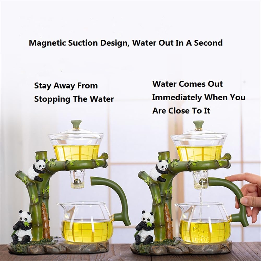 RORA Lazy Kungfu Service à thé en verre semi-automatique rotatif avec infuseur et théière en verre (panda vert)
