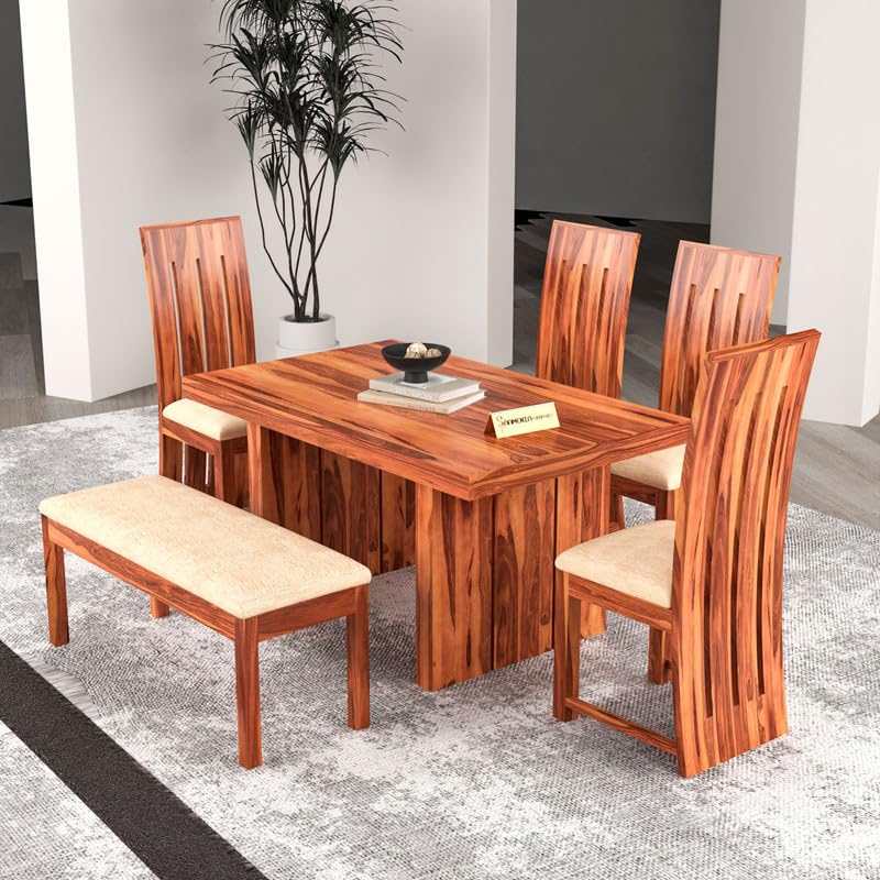 Image of Solid Sheesham Wood Dining Room Sets 6 Seater Dining Table with 4 Chairs & 1 Bench for Dining Room, Living Room, Restaurant, Cafeteria (Estra, Honey Finish)