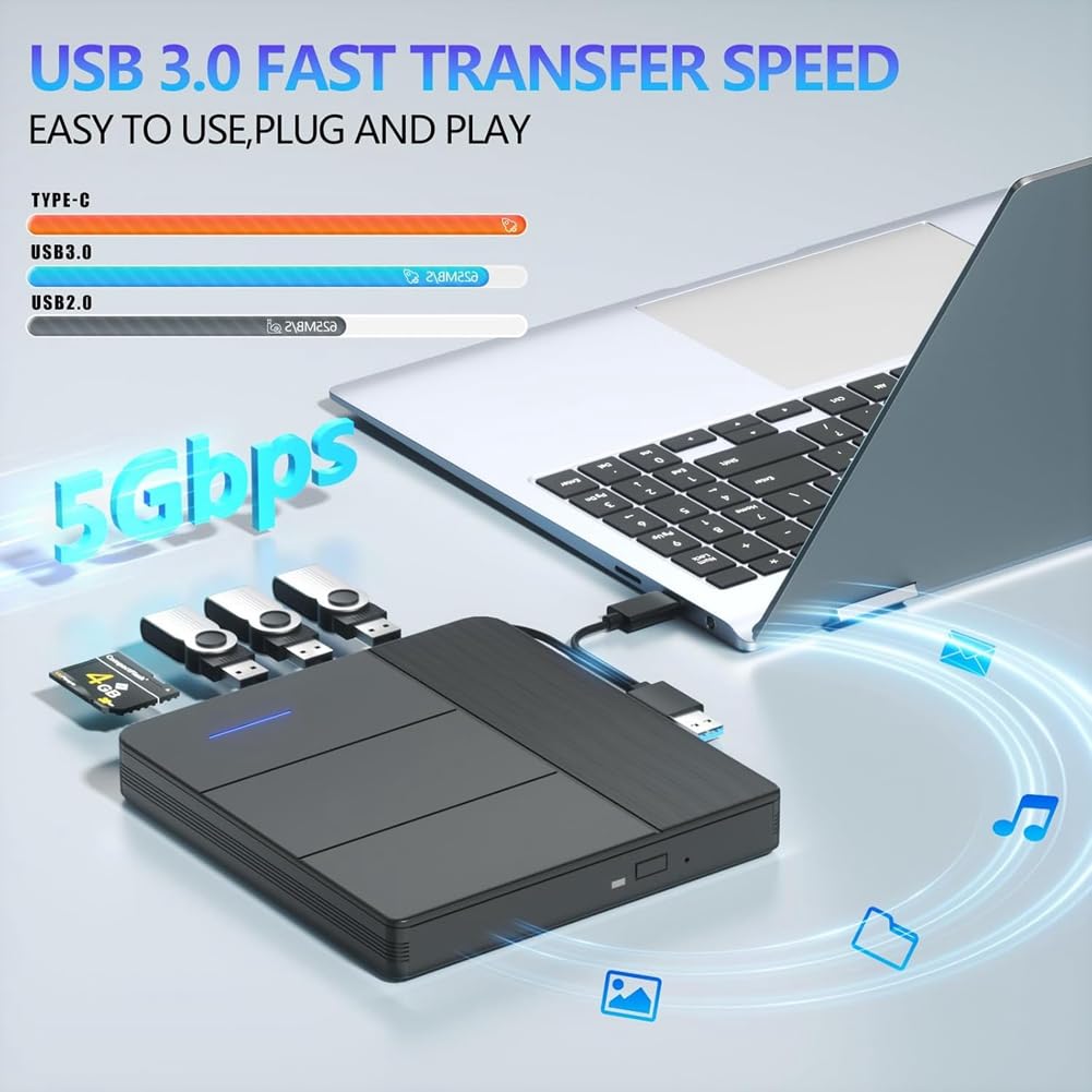 Lecteur Blu-Ray Externe 7 en 1, Compatible avec Les Disques R/W, BD, DVD, CD, Graveur Portable, USB 3.0, Emplacement pour Carte SD/TF