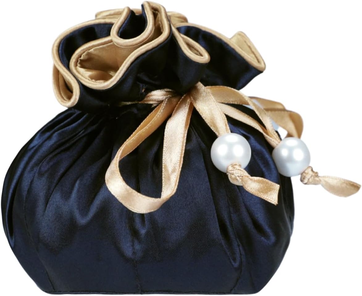 Marisa D'Amico Drawstring Premium Satin Jewelry Pouch with 8 Interior Pockets, Dark Blue + Gold