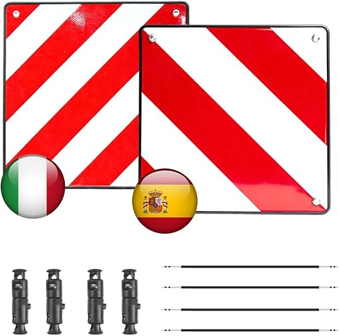 2 en 1 Señal Portabicicletas de PVC, 50 x 50cm Señal de Advertencia de Rayas Blancas Rojas Señalización Carga Saliente con 4 Correas de Fijación Placa de Reflectante de Advertencia para Italia España