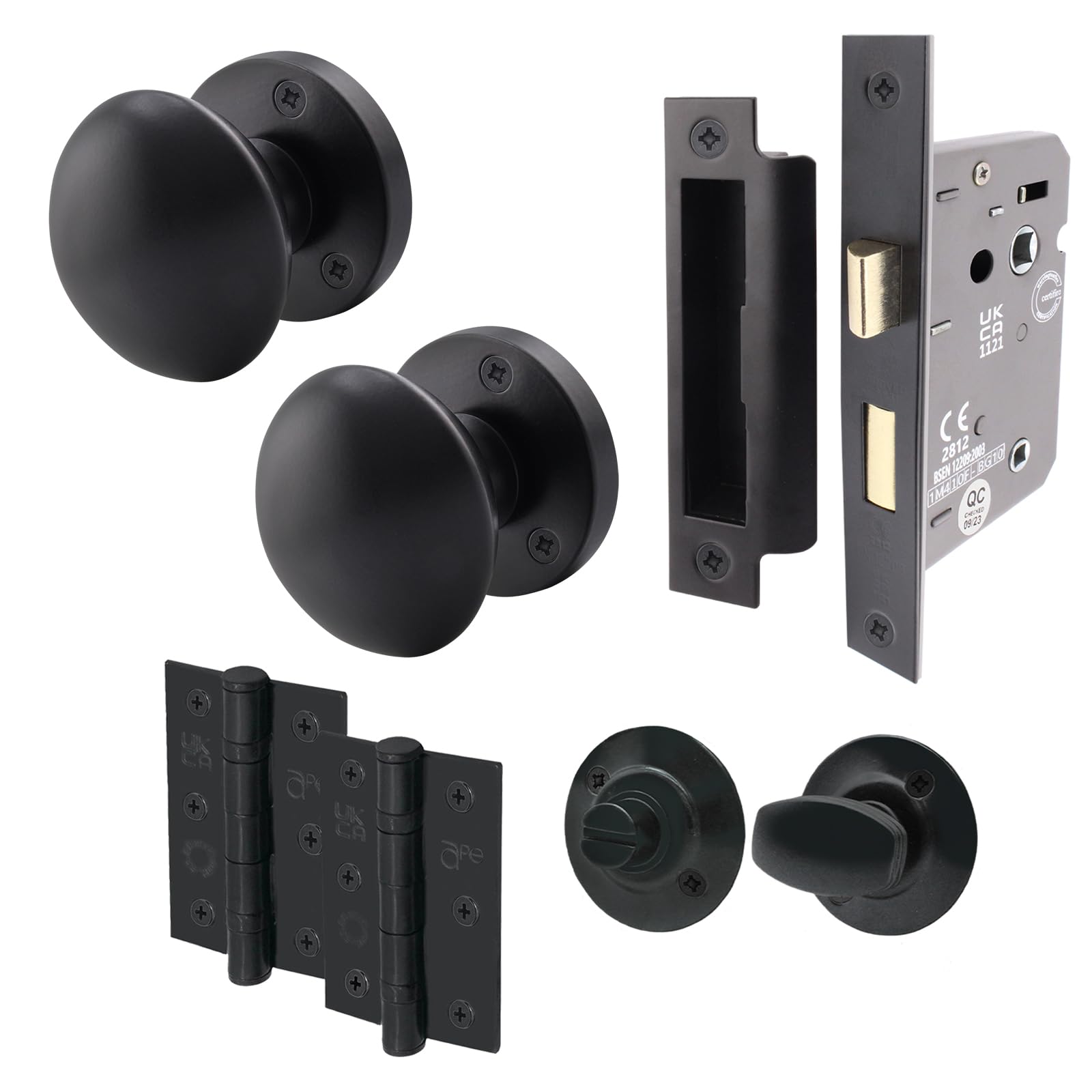 EAI Black Bathroom Door Knob Set - 1 Pair of Matt Black Victorian Mortice Knobs (55mm), Lock (80mm) & Hinges (76mm)