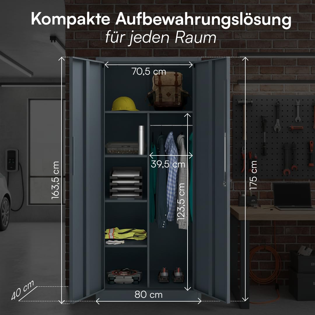 STEELSØN Regulus Metallschrank abschließbar – Garderobenschrank mit 6 Fächern und 1 Kleiderstange – Spind Schrank mit Doppeltüren – Mehrzweckschrank Anthrazit – Kleiderschrank Metall 175x40x80 cm