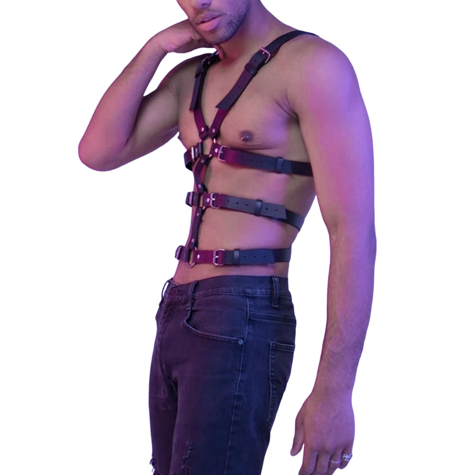 TARZNGGLOP Arnés de cuerpo para hombre, cinturón de cuero sintético para el pecho, arnés de cuerpo sexy, cinturón de sujeción con hebilla ajustable, ropa para discoteca, cosplay, clubwear, 9 negro