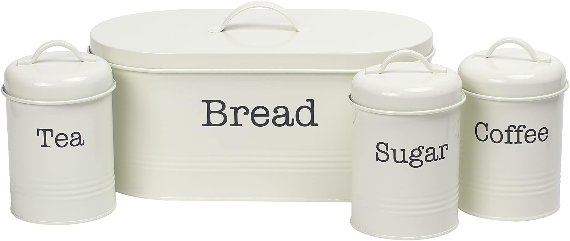 EHC 4 Piece Kitchen Storage Tight Fitting Lids - Countertop Space-Saving, Includes Bread Bin, Tea, Coffee & Sugar Caddy Tins Containers Canister Storage Jars Pots Set, Cream