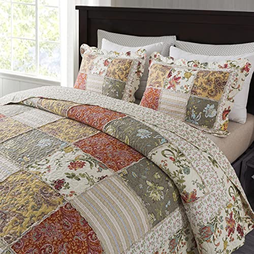 NEWLAKE Cotton Patchwork Bedspread, 3-Piece Bedding Quilt Set with Real Stitched Embroidery, Reversible Matelasse Bed Coverlet Set,Floral Paisley Grid with Lace,Queen Size