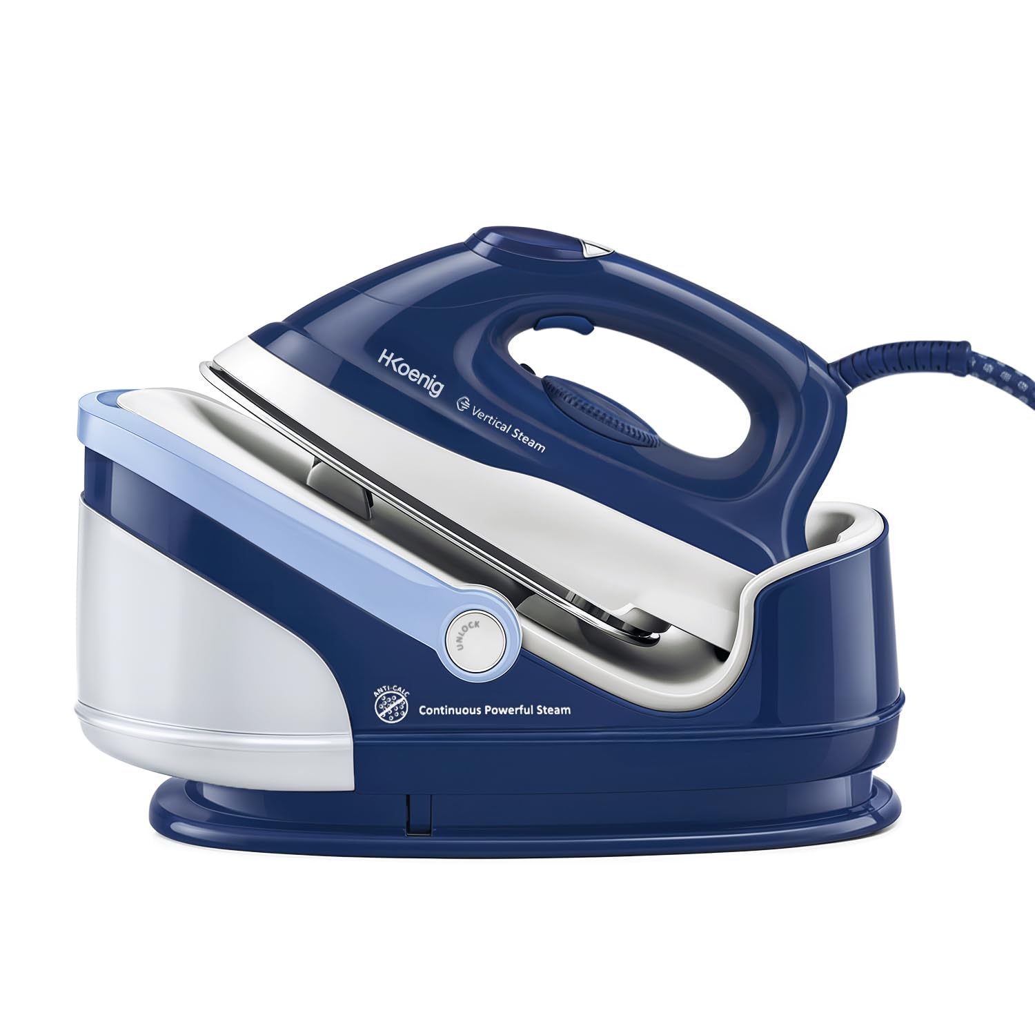 H.​Koenig V5i Centro de Planchado 2400W, 100 g/​min, 6 Bares, Plancha con Suela de Cerámica, Depósito de Agua extraíble 1.7L, Autonomía Ilimitada, Control Manual de la Temperatura, Azul