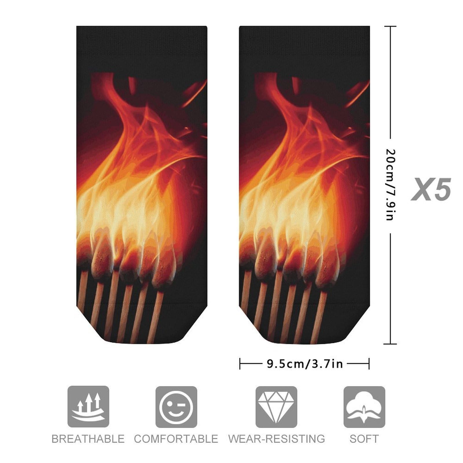 Flames Matches Ankle Socks for Men & Women, 5 Pairs Breathable Soft Low Cut Socks, Stretch Sweat Wicking Sox