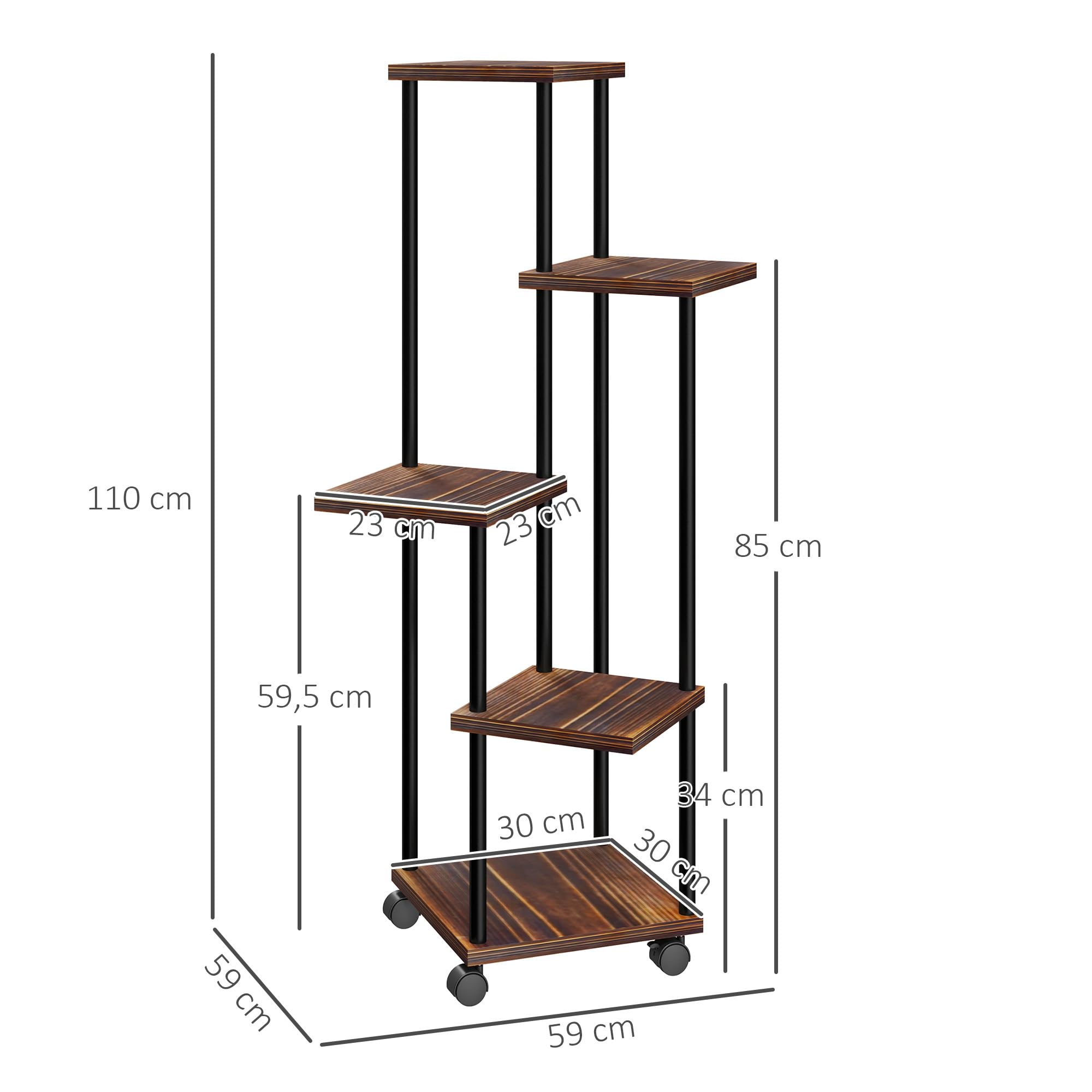 Outsunny Support plantes 5 niveaux roues acier 110 cm carbonisé