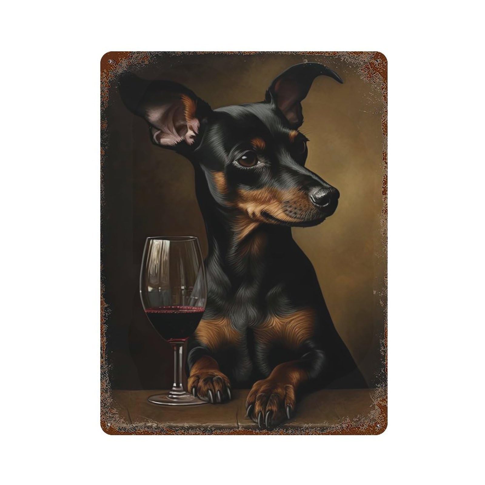 Miniature Pinscher Wine Vintage Wall Sign 15.7"x11.8", Rust Effect Metal Decor for Patio, Garden Room And Bar Decor