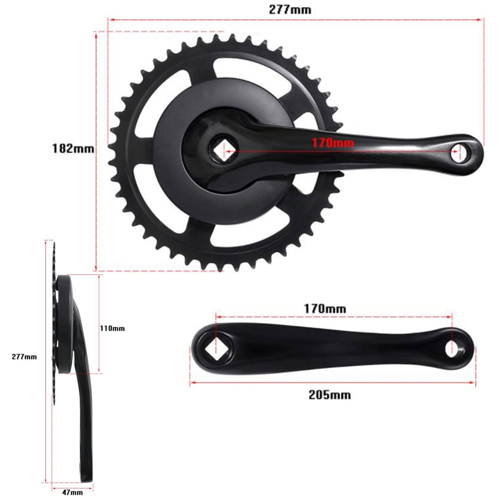 Crankstel 170mm Fiets Crank Arm 40T 42T 44T 46T 48T 50T Enkele Kettingblad Aluminium Crankstellen Trapas Voor Racefiets (Color : Black 172.5mm, Size : 42T