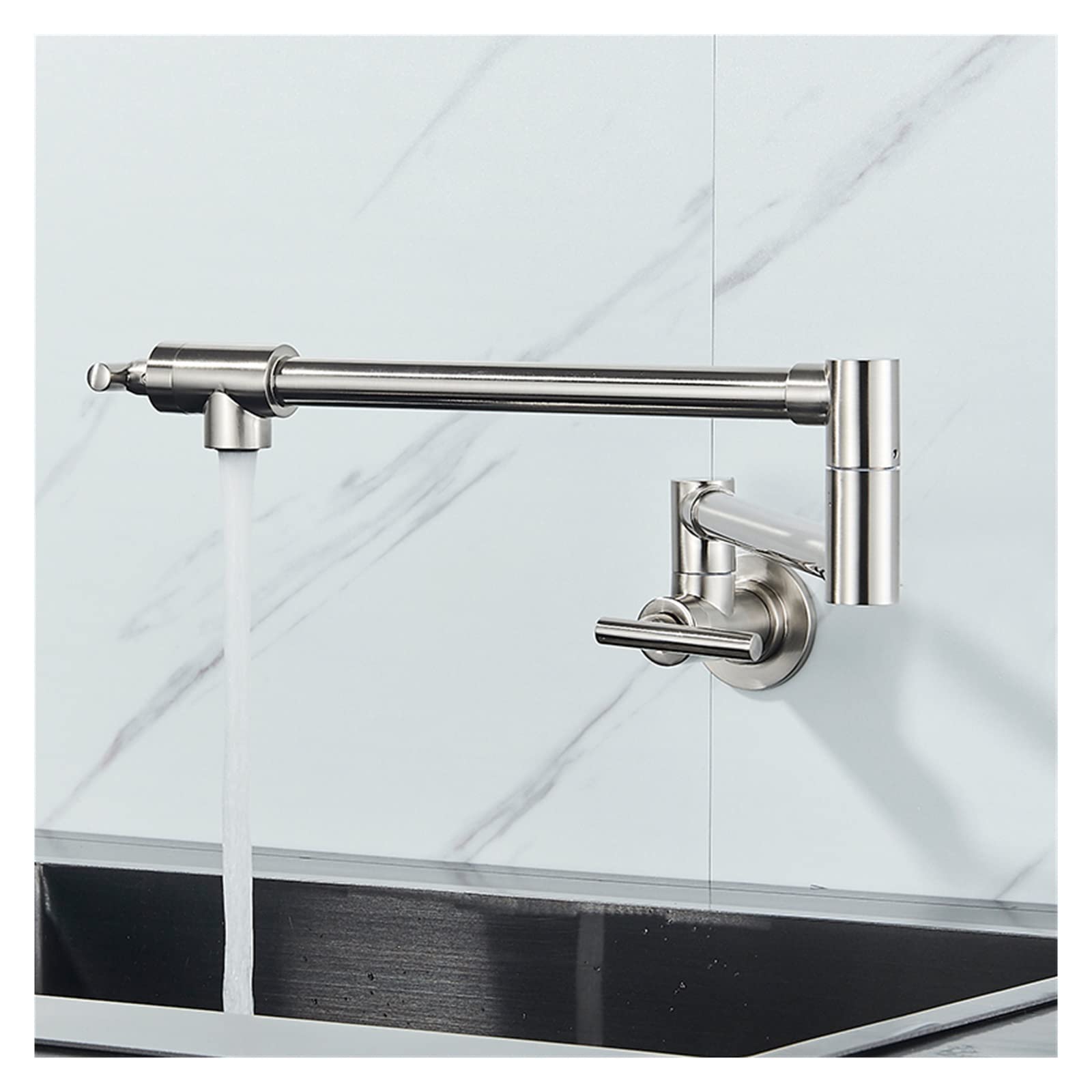 Rubinetto Fissato Al Muro, Pot Filler Doppio giunto Beccuccio Pieghevole Estensibile Braccio oscillante Parete Rubinetto da cucina in ottone Foro singolo Rubinetto for lavello da cucina a due maniglie