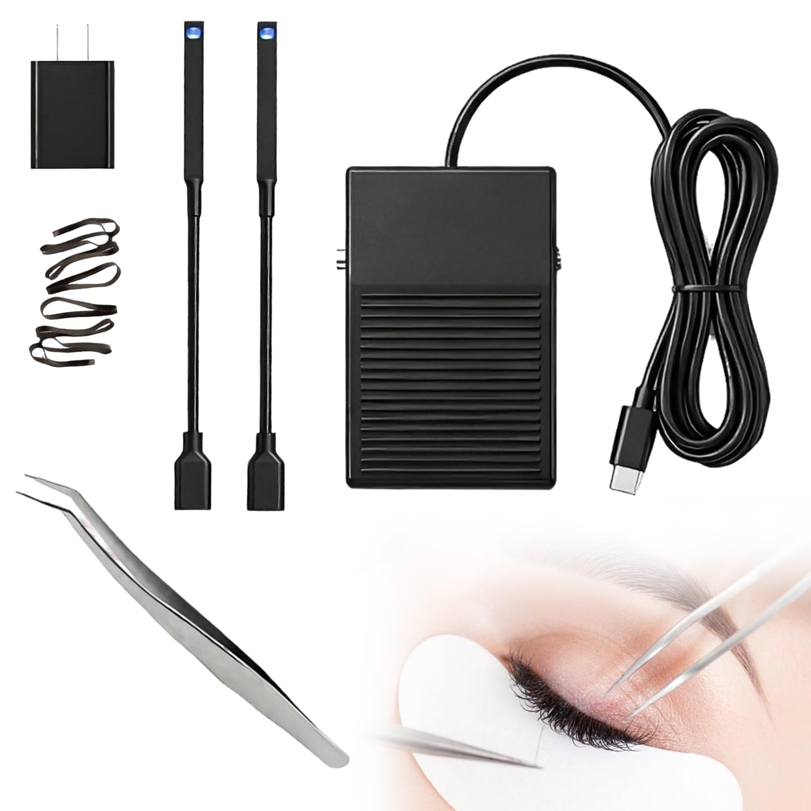 Lampada per Ciglia, Lampada UV 1 W con Pedale per Polimerizzazione UV | Lampada per Extension Ciglia con 2 Strisce Luminose Flessibili e Pinzetta per Colla per Ciglia Smalto per Unghie e Gel UV