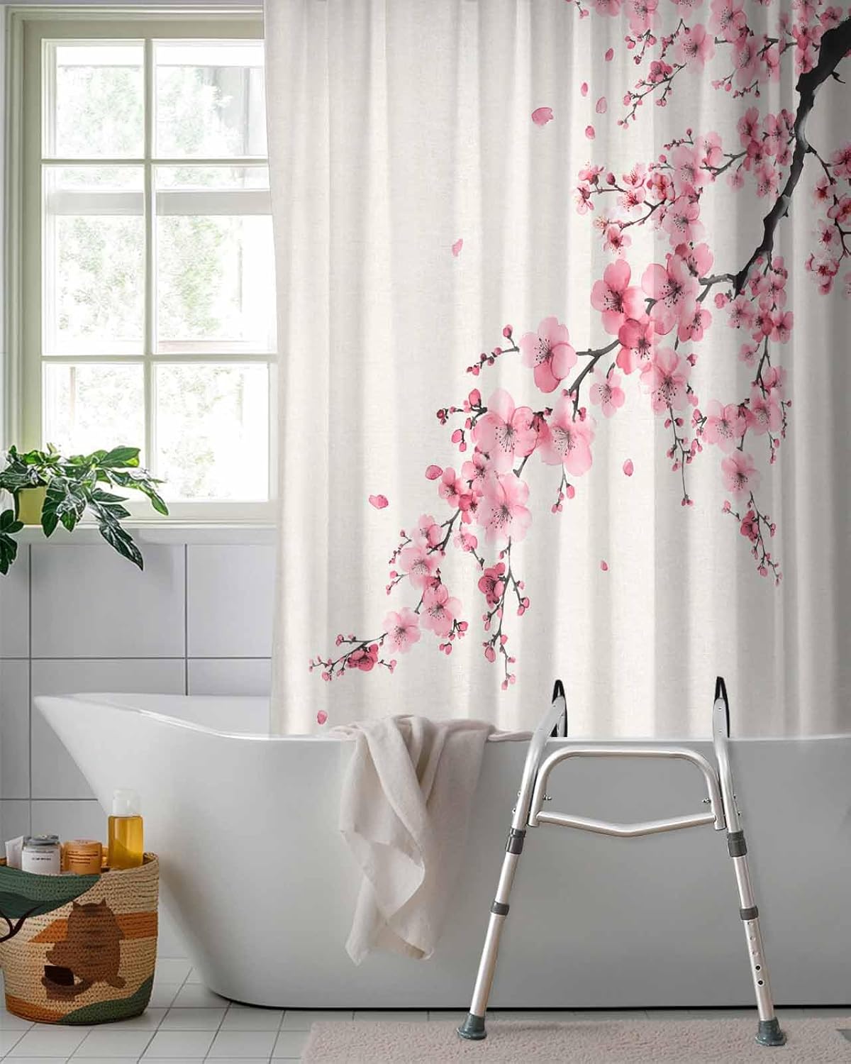 Split Shower Curtain for Transfer Bench, Flowers Japanese Cherry Blossom Shower Curtain for Bathtub 72x72 Inch Waterproof Bath Curtain Set with Hooks and 2 Vertical Slits