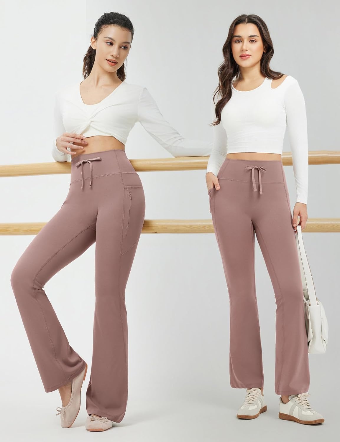 baleaf Womens Flare Leggings with Zipper Pockets Drawstring Flared Yoga Pants Bell Bottom Leggings Tummy Control - Image 2