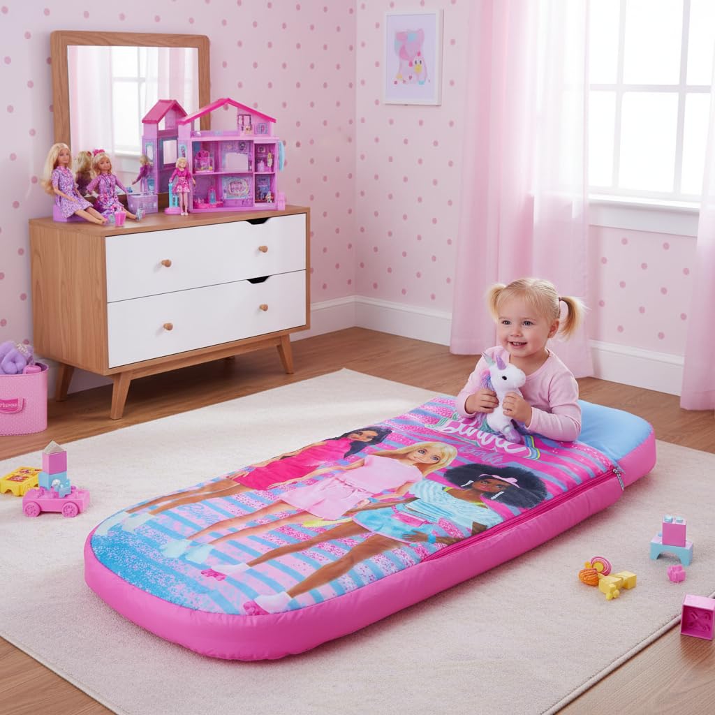 Character World Barbie ReadyBed Kinder Aufblasbares Luftbett und Schlafsack mit Pumpe | Mädchen Reisematratze für Übernachtungen und Camping oder Zuhause