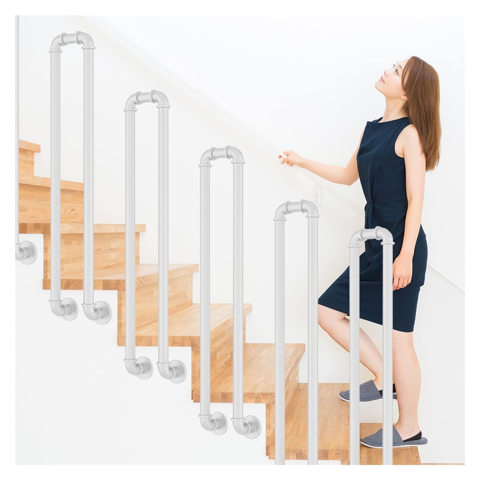 Meiiron U-Shaped Staircase Handrails, 1 Step - Balusters, Retro Metal Balcony Railing Wrought Iron Picket Transitional Handrail Load-Bearing 200lbs (Color : White, Size : 60cm(23.6"))