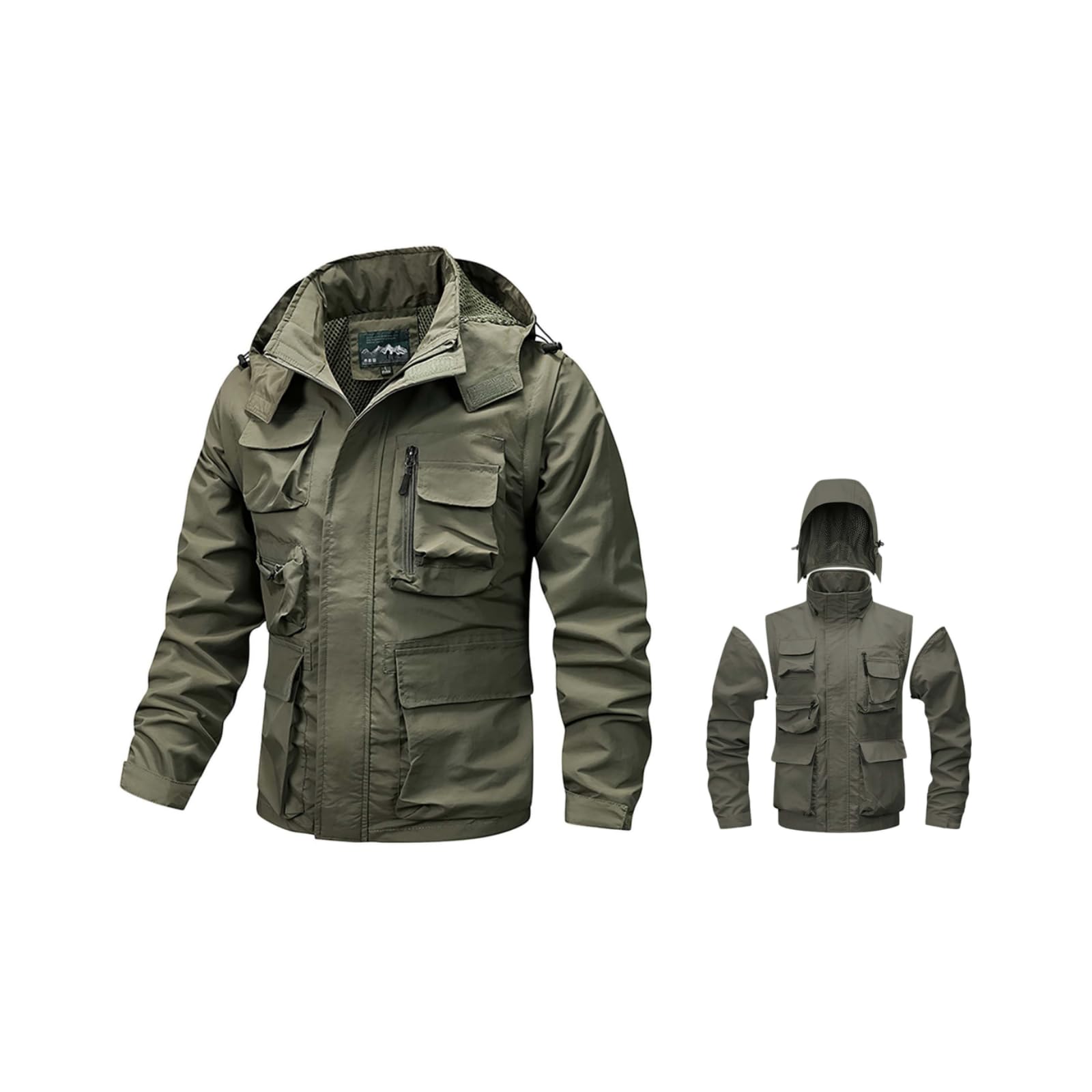 Veste d'extérieur légère pour homme - Veste de pêche - Veste de pluie 2 en 1 - Capuche amovible et veste fonctionnelle à manches longues - Plusieurs poches - Veste tactique respirante