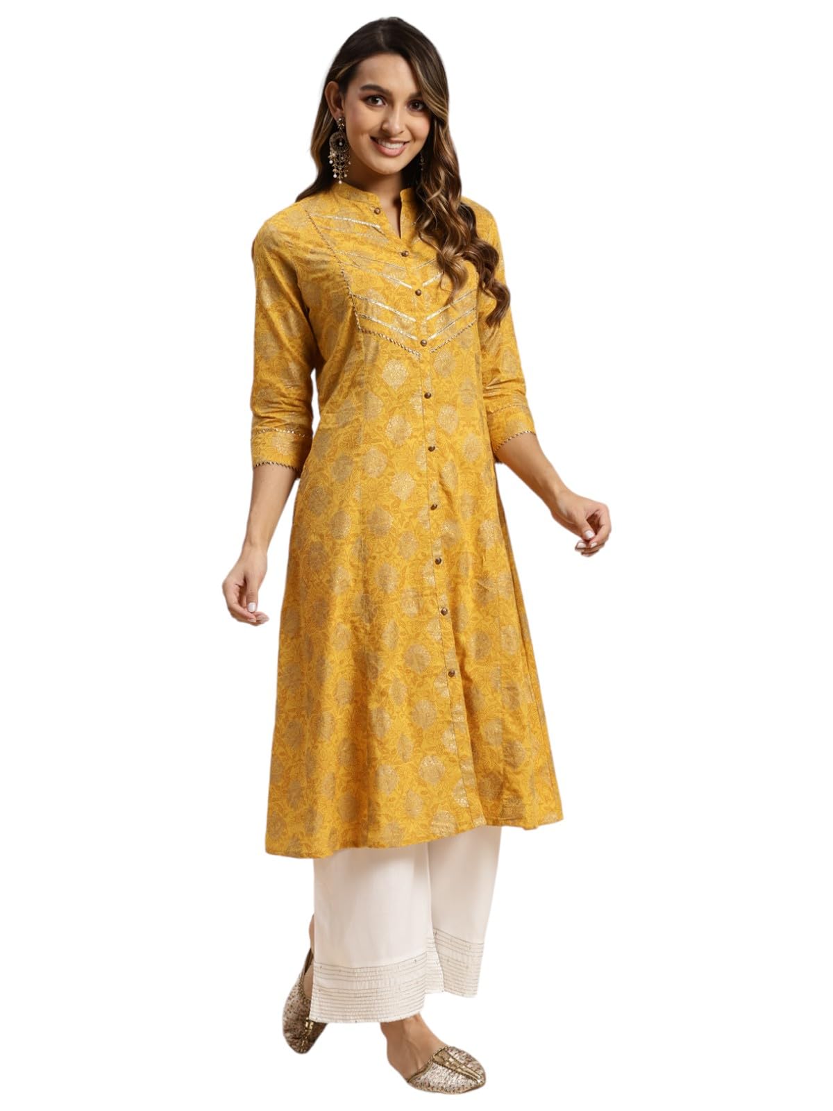 rangitaYellow Cotton Calf Length Printed Flared Kurti for Women | Kurta for Women