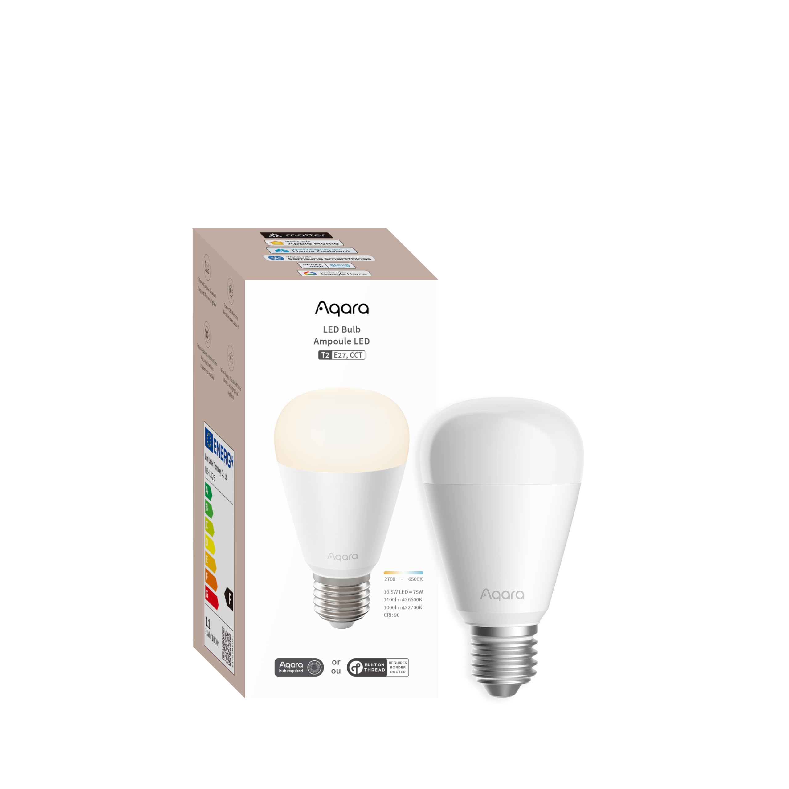 Aqara Aqara Bombilla LED T2 (E27, CCT), Thread/Zigbee, Blanca Regulable, 2700K-6500K, 75W Equivalente, Matter, Bombilla Inteligente Compatible HomeKit, Alexa, Google Home