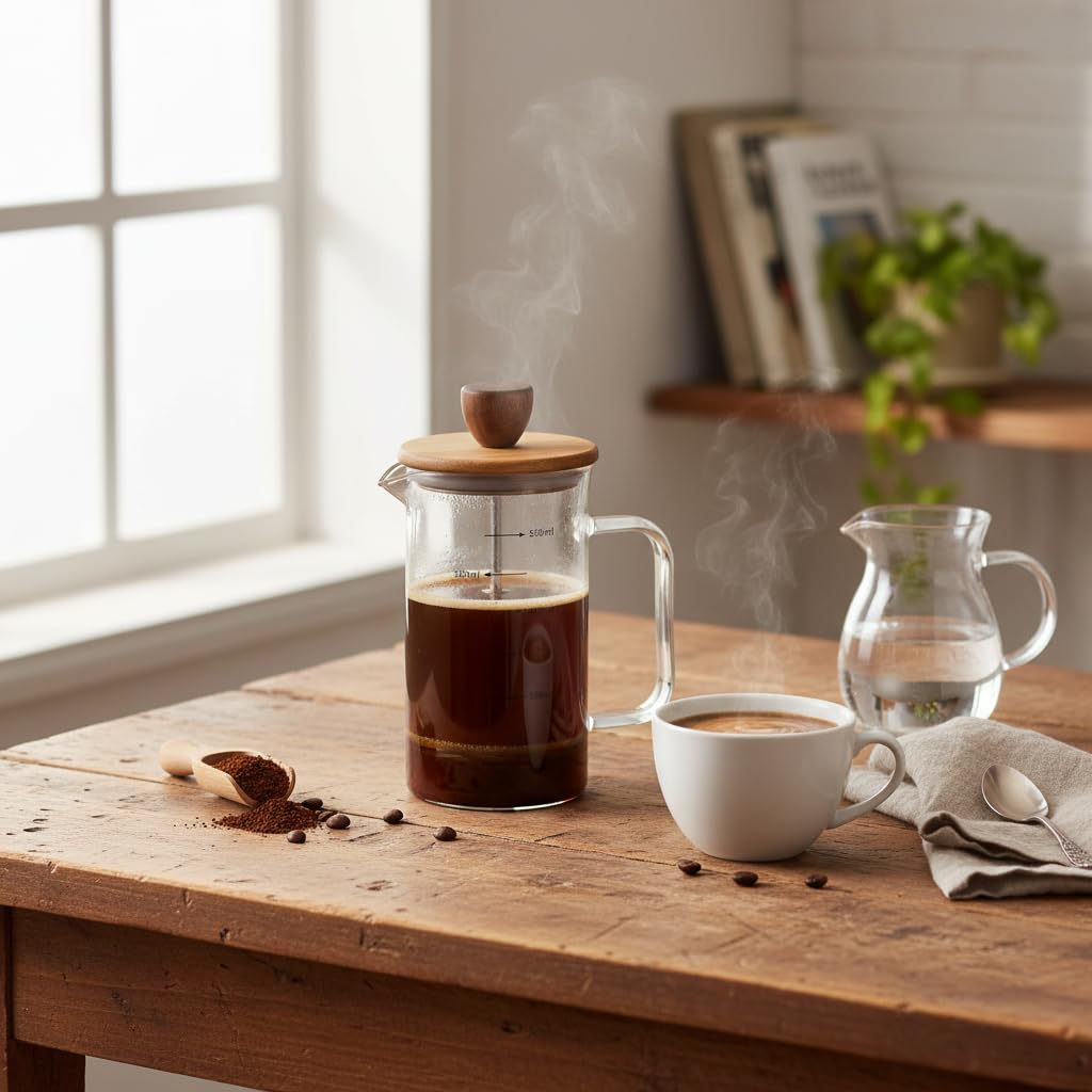 Deconox Akasya Ahşap Kapaklı Borosilikat Cam French Press - Ölçü Çizgili Kahve ve Çay Demliği (350ml ve 600ml Boy Seçenekli) (600ML)