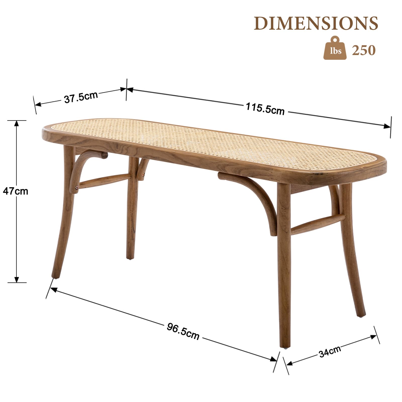 chairus Rattan Sitzbank für Esszimmer Küchenbank aus Holz Retro Eingangsbank - Holzbank für Flur, Bad, Balkon, Schlafzimmer 115x37x47 cm (Naturholz)