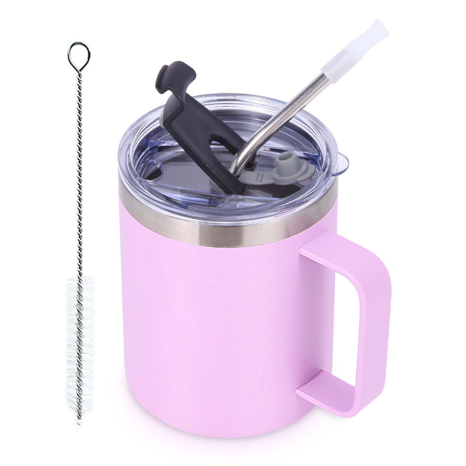 Volhoply 12oz Insulated Leakproof Coffee Mug with Sliding & Straw Lid,Double Wall Vacuum Stainless Steel Travel Cafe Tumbler Cup with Handle,Reusable Camping Mugs Keep Cold/Hot(Purple,1 Set)