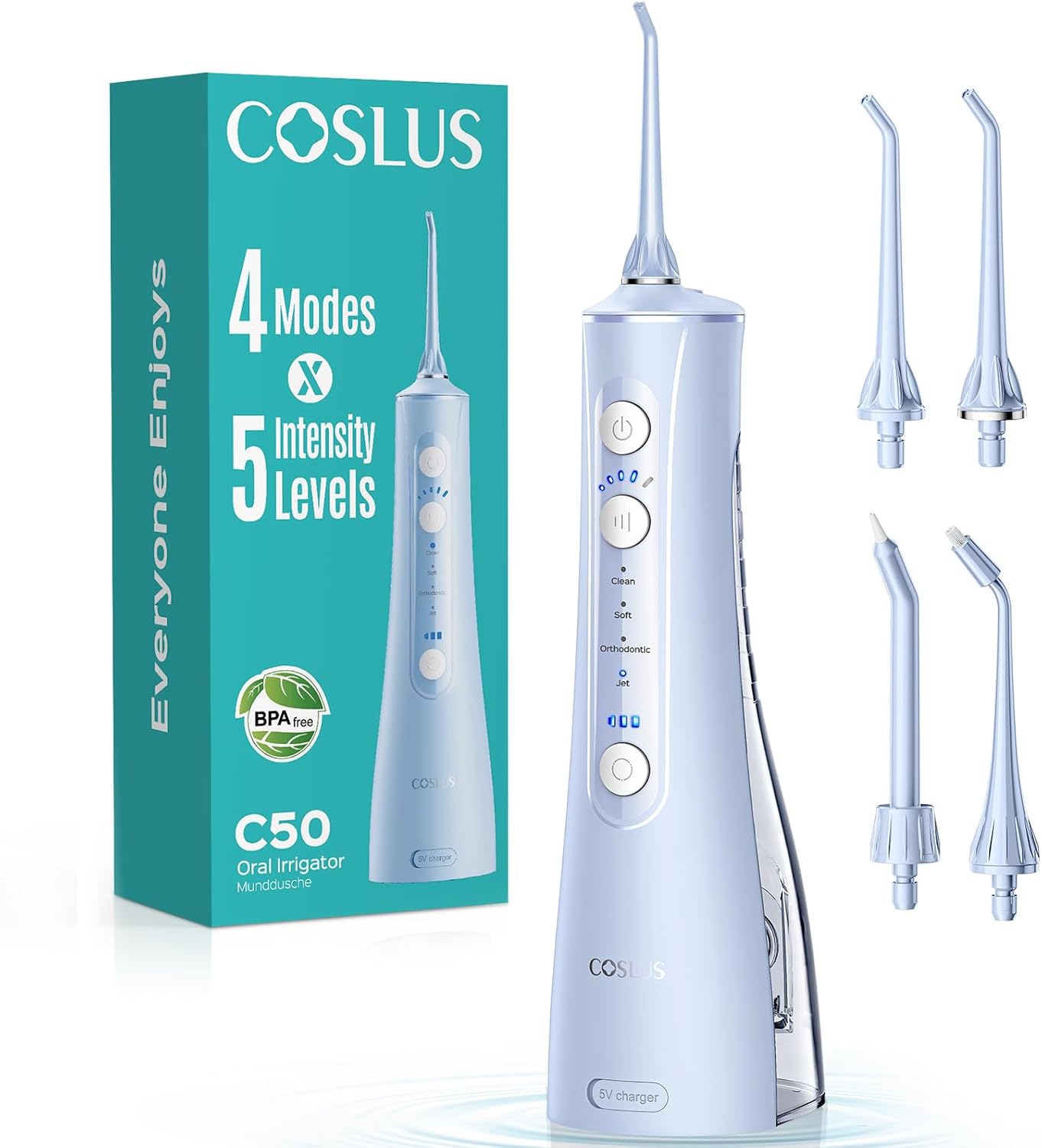 COSLUS ADA Accepted C50 Portable Water Flosser for Teeth: 4 Modes & 5 Intensity Levels Professional Electric Dental Pick for Sensitive Gums, Braces & Orthodontic - Cordless for Travel Use, BPA-Free view 10