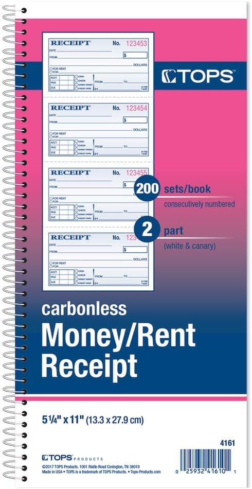 TOPS Money/Rent Receipt Book, 2-Part, Carbonless, 11 x 5.25 Inches, 4 Receipts/Page, 200 Sets per Book (4161) , White