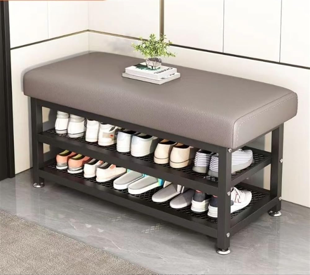 GYEQXKT Shoe Storage Bench with Leather Cushion, 2-Tier Design, Holds Up to 330 lbs, Stylish Shoe Rack for Entryway and Living Room