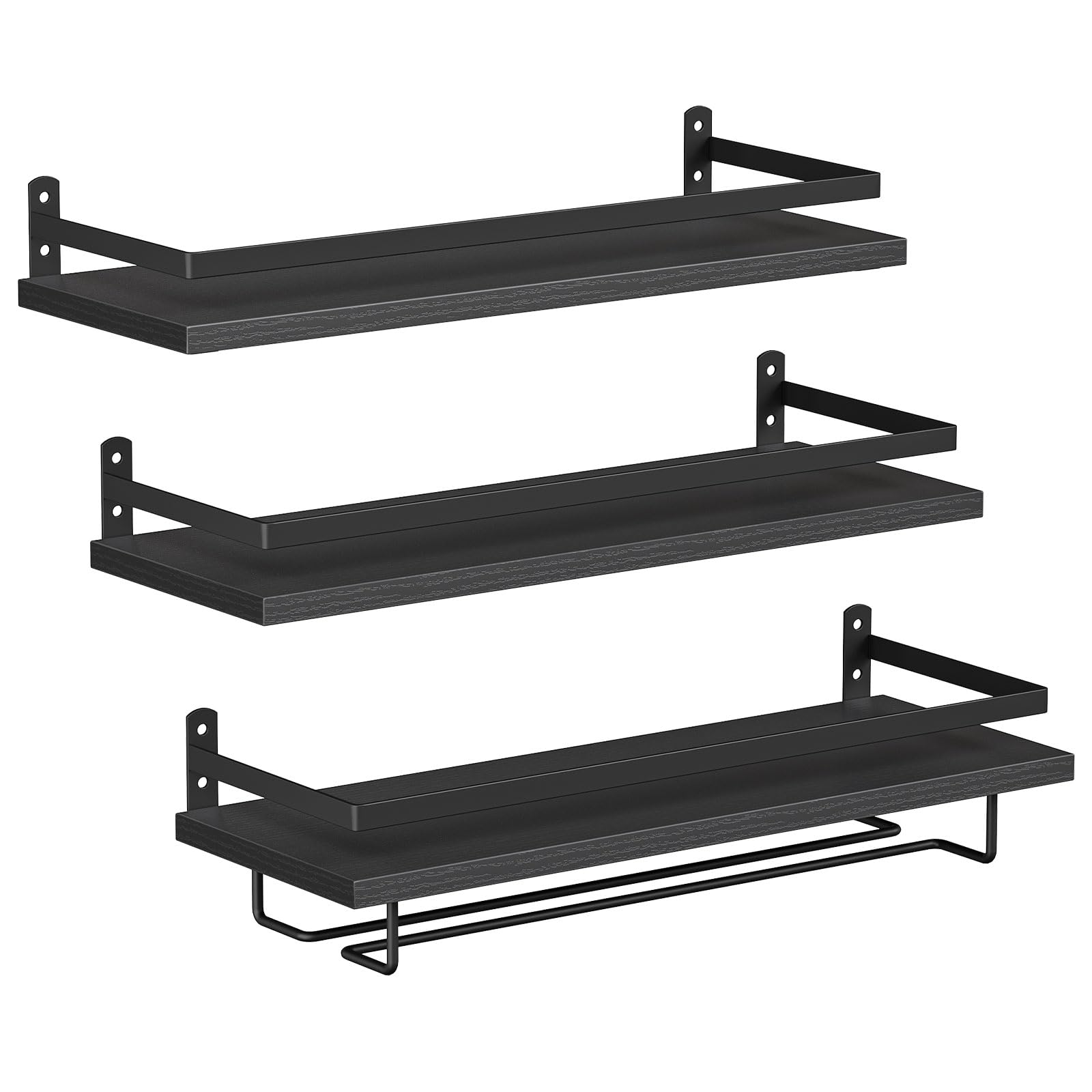 HOOBRO Juego de 3 Estantes para Vino Montado en la Pared, Estantes para Vino Flotantes, Porta Botellas de Vino Porta Vasos Altos, para Sala de Estar, Comedor, Cocina, Negro EBF34BJ01