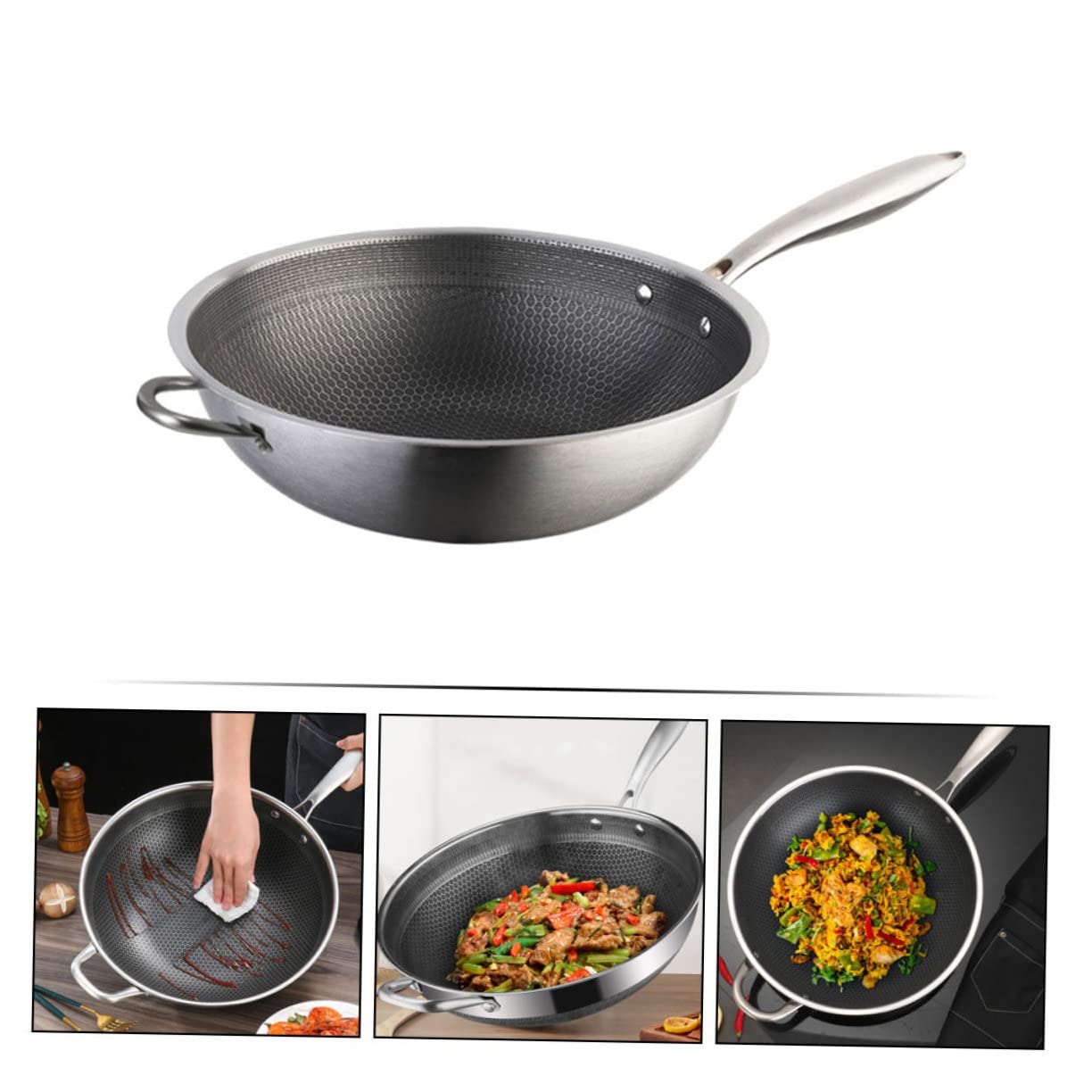 VICASKY Wok Padella in Acciaio Inox Fondo a Nido D'ape Antiaderente Manico Ergonomico Adatta per Friggere Patate e Cucinare Carne, Compatibile piano Induzione