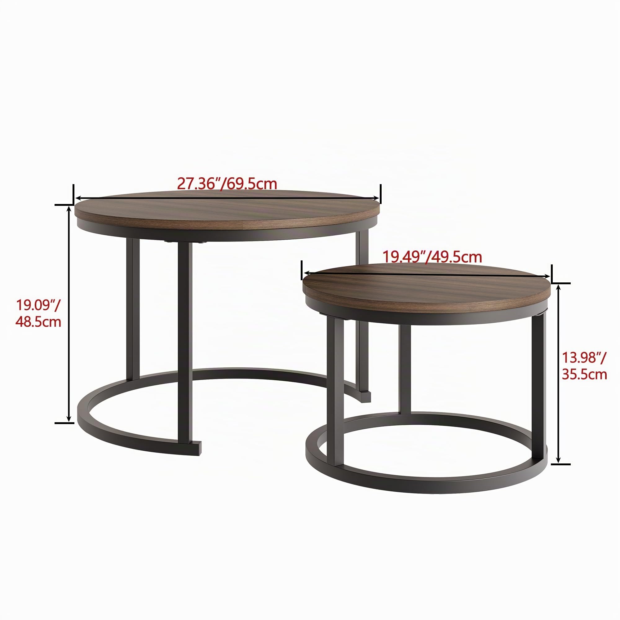 HOJINLINERO Lot de 2 tables basses gigognes rondes, tables d'appoint empilables pour salon, chambre à coucher, bureau, balcon, appartement (noyer)
