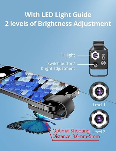 Miniatura 5 de Mini microscopio de bolsillo para teléfono 200X con luz LED/clip universal, accesorios de cámara de microscopio digital portátil Nano Zoom para 99%