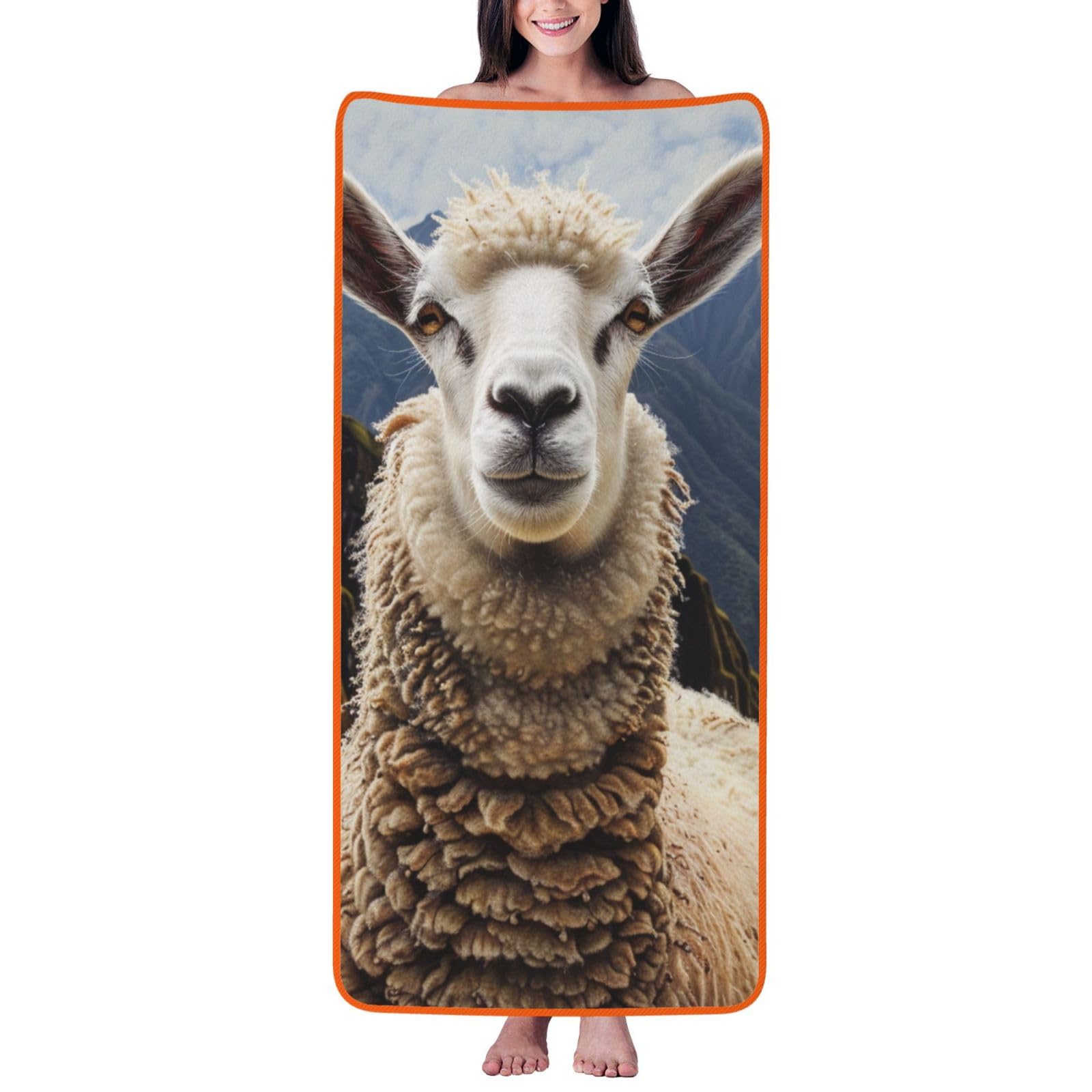 WPKJU Sheep Printed Bath Towel with Orange Edging - 27x55 in Soft Extra Absorbent Coral Velvet Shower Towels for Bathroom