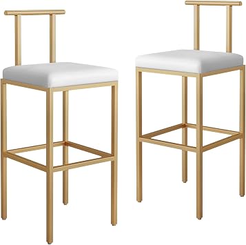 Luxury Barstool 65cm Counter Height Bar Stools Set of 2, PU Leather Bar Stools with Back and Gold Metal Frame, Modern Barstools with Footrest, Counter Stool for Kitchen Island, White