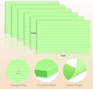 300 Count Index Cards 3 x 5 Inch Ruled Green Index Cards, Flash Cards College Ruled for Office School Supplies and Home Organization, Durable Study To Do List Note Cards with Ruled Lines