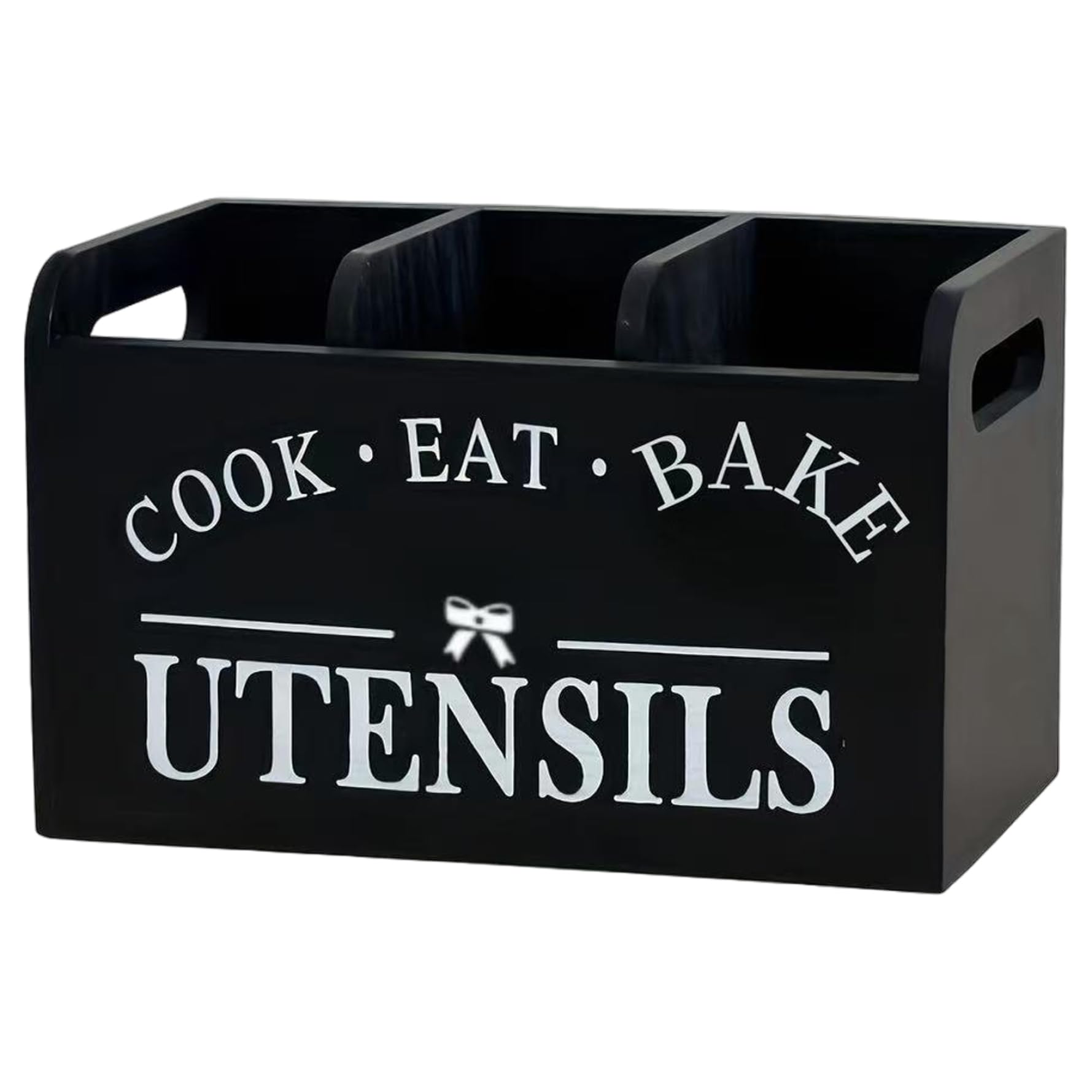 BEAHING Kitchen Utensils Holder Wooden Black 3 Compartment Rustic Countertop Organizer with Handle