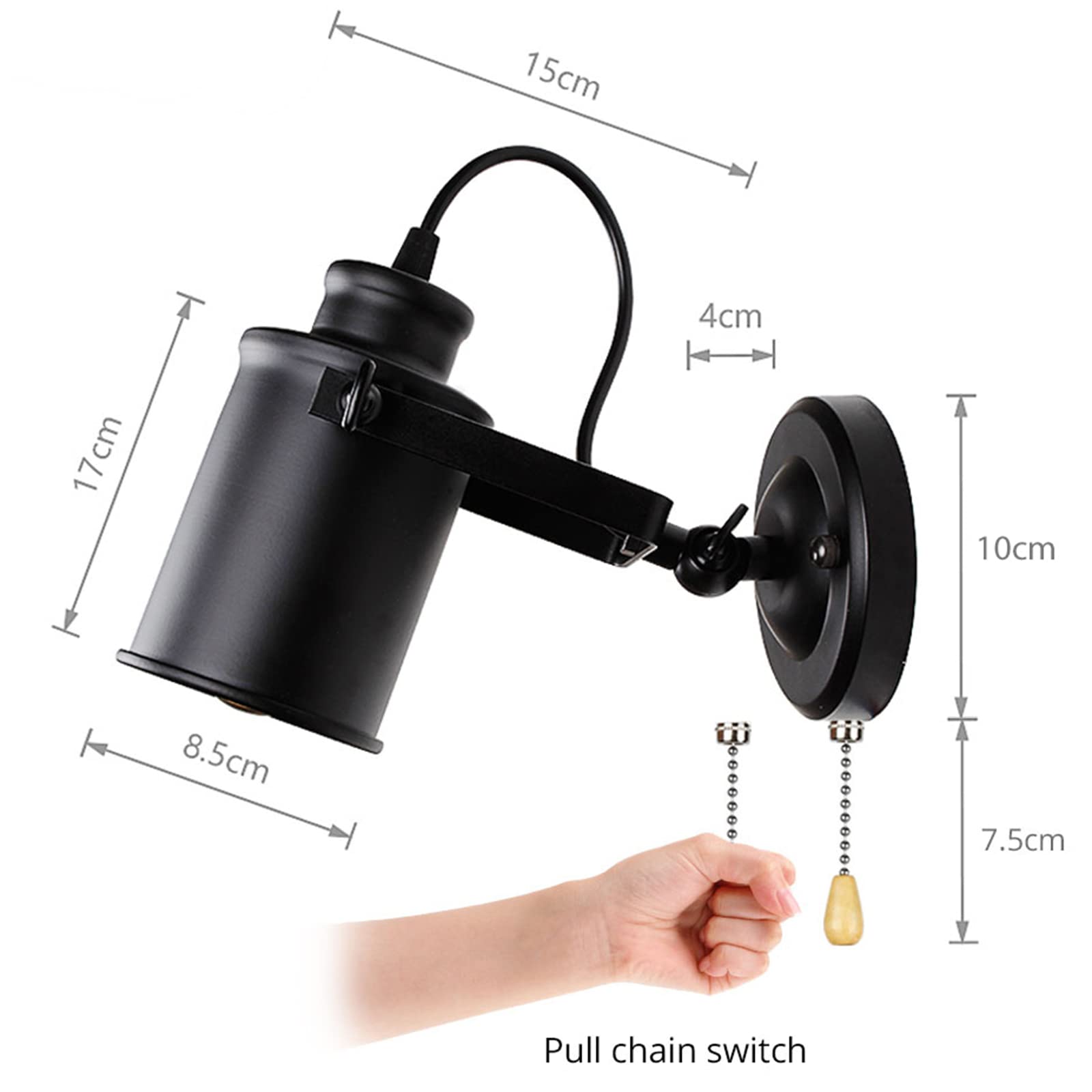 Apliques de Pared LED de Estilo Industrial Retro con Interruptor de Tiro, lámparas metálicas Modernas giratorias 180° con Casquillo E27 para Dormitorio, Sala de Estar, Pasillo y ha