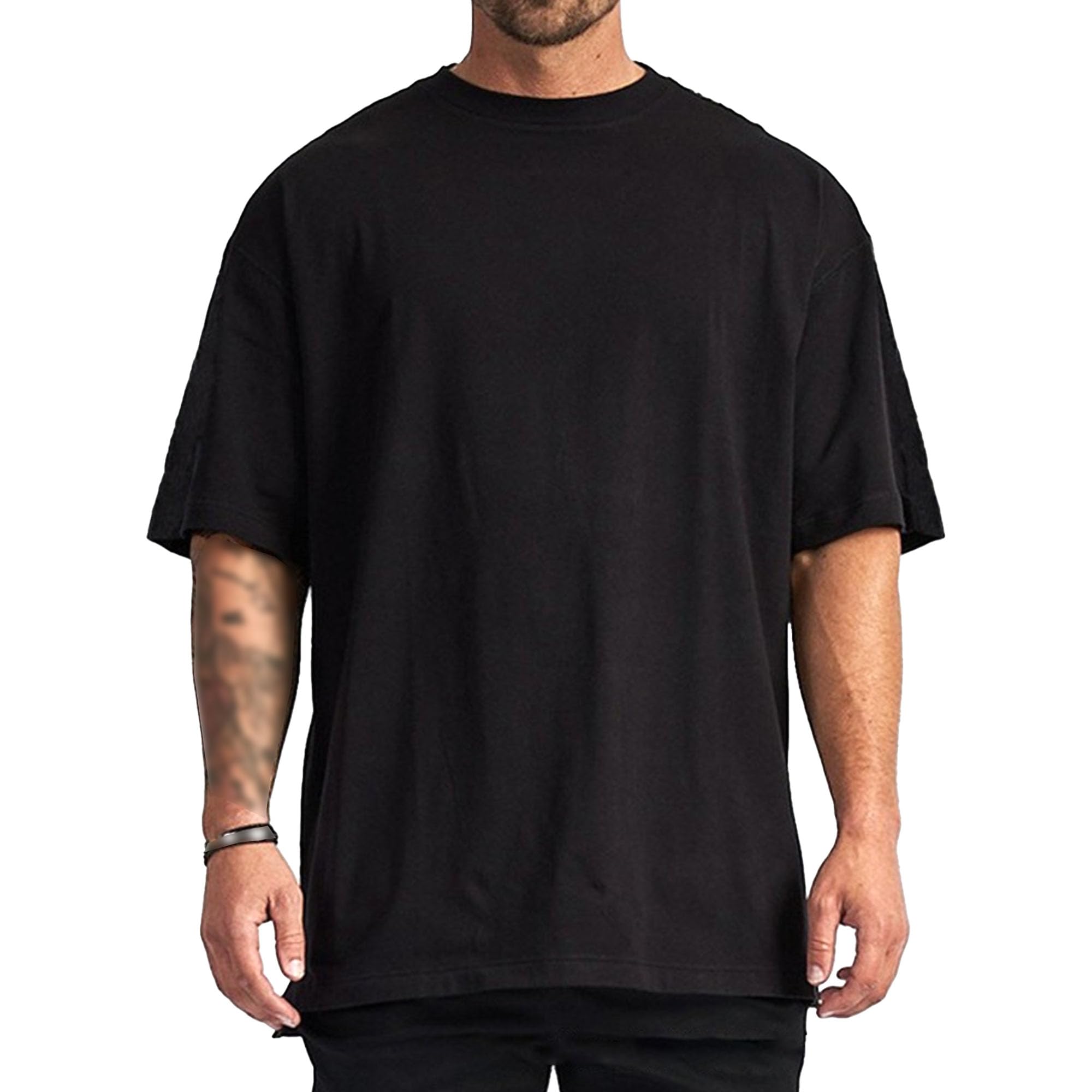 Men Loose Shoulder Jogging Cotton T-Shirt Casual Round Collar Pullover Tops Summer Classic Sport Exercise Shirts (Black,Medium)